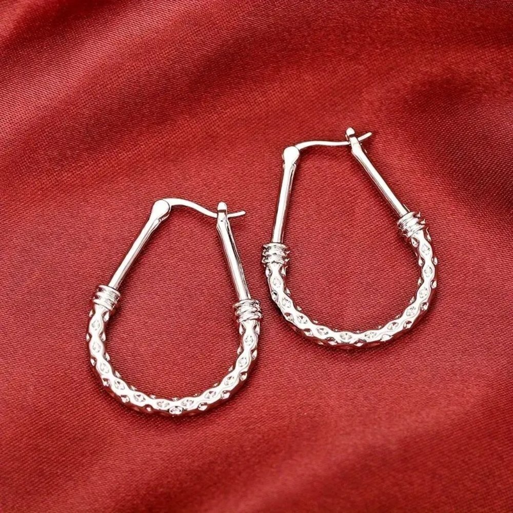 925 Sterling Silver Drop Hoop Earrings - Picture 4 of 8